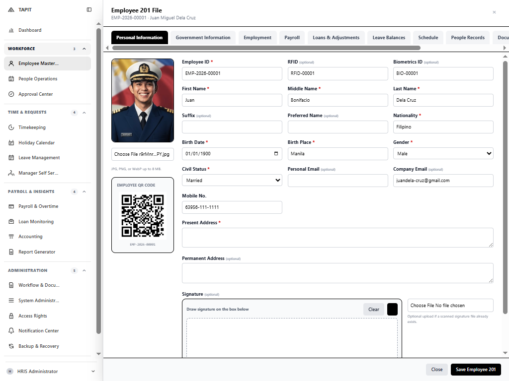 HRIS AI Employee 201 file with employee details, employment information, and HR records
